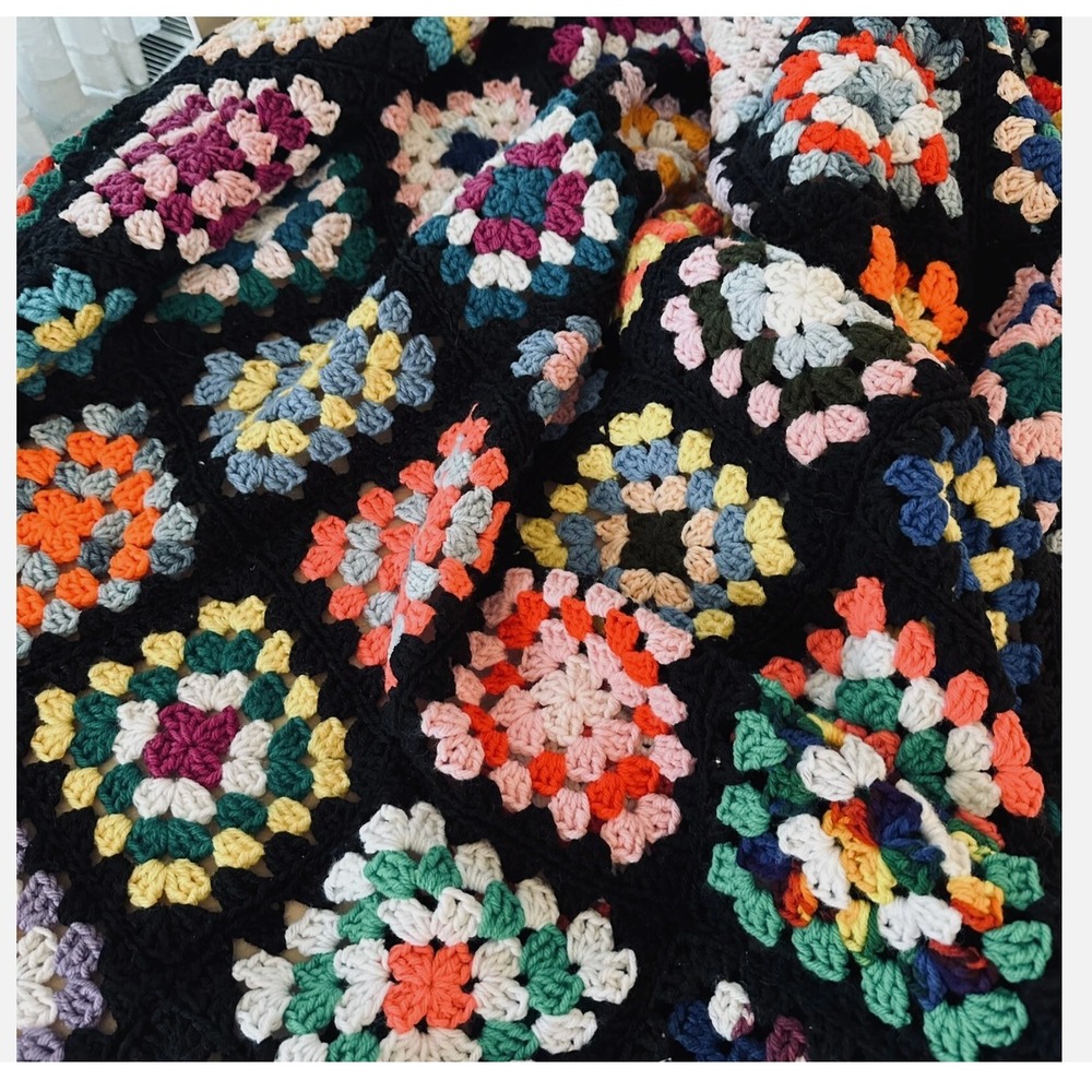 Vintage Handmade Granny Square Crochet Blanket Throw Large King Size 120" - Picture 5 of 8
